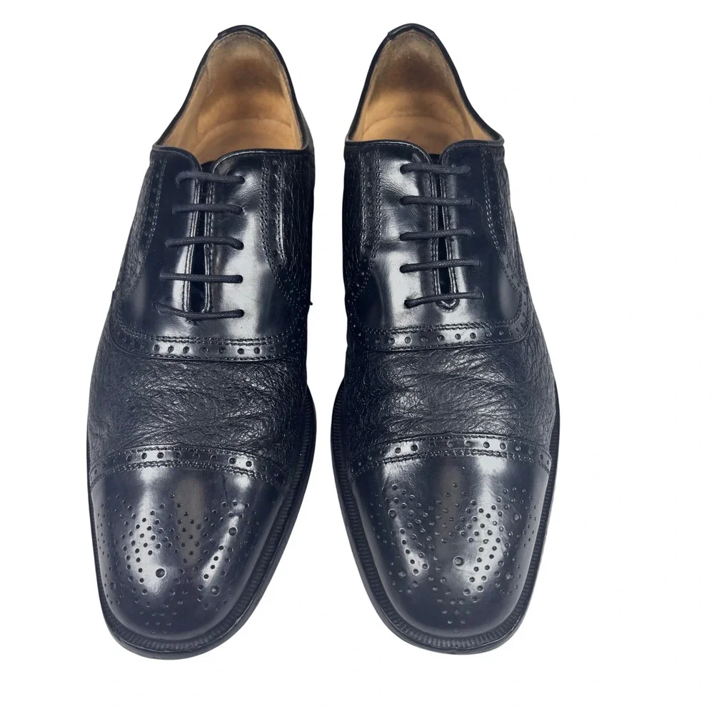 Zelli Oxford Shoes Black Pebble Leather Cap Toe Brogue ITALY Mens‎ 9.5 M